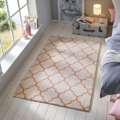 Waschbarer Kurzflor Teppich mit Anti-Rutsch | Flauschiger Flachflor für Badezimmer, Kinderzimmer oder Flur Läufer | Creme Rosa